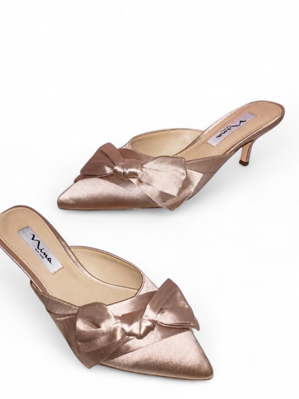 Nina Rose Gold Pointed Bow Kitten Heel Mules